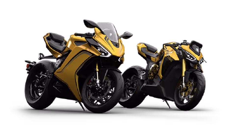 Front-facing view of two yellow Damon electric motorcycles — the HyperSport and HyperFighter — displayed against a dark background.