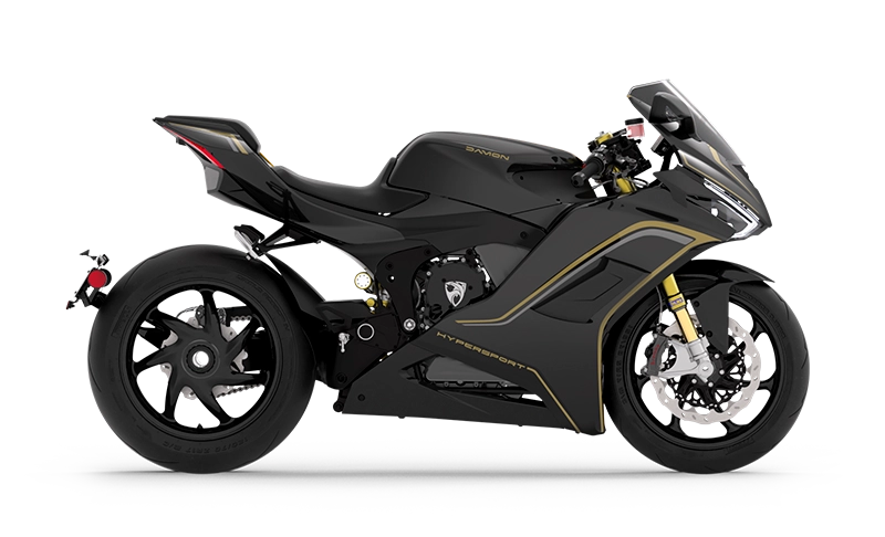 Side view of the Damon HyperSport electric motorcycle in matte black with gold accents, displayed on a transparent background.