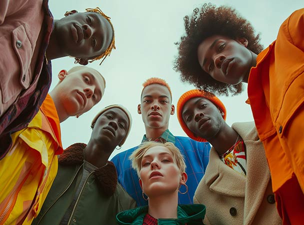 A diverse group of people in colorful modern clothing looking down at the camera from a low-angle perspective against a pale sky.