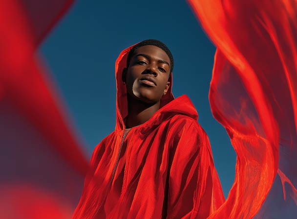 A person wearing a red hooded garment, framed by flowing red fabric against a clear blue sky.