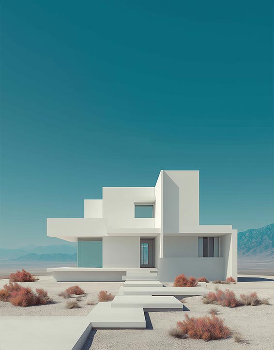 Minimalist modern white house with geometric architecture in a desert landscape, featuring clean lines, flat roofs, and a clear turquoise sky