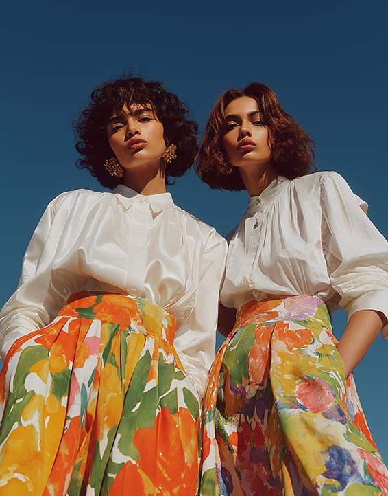 Two young women in white blouses and colored pants stand against a blue sky