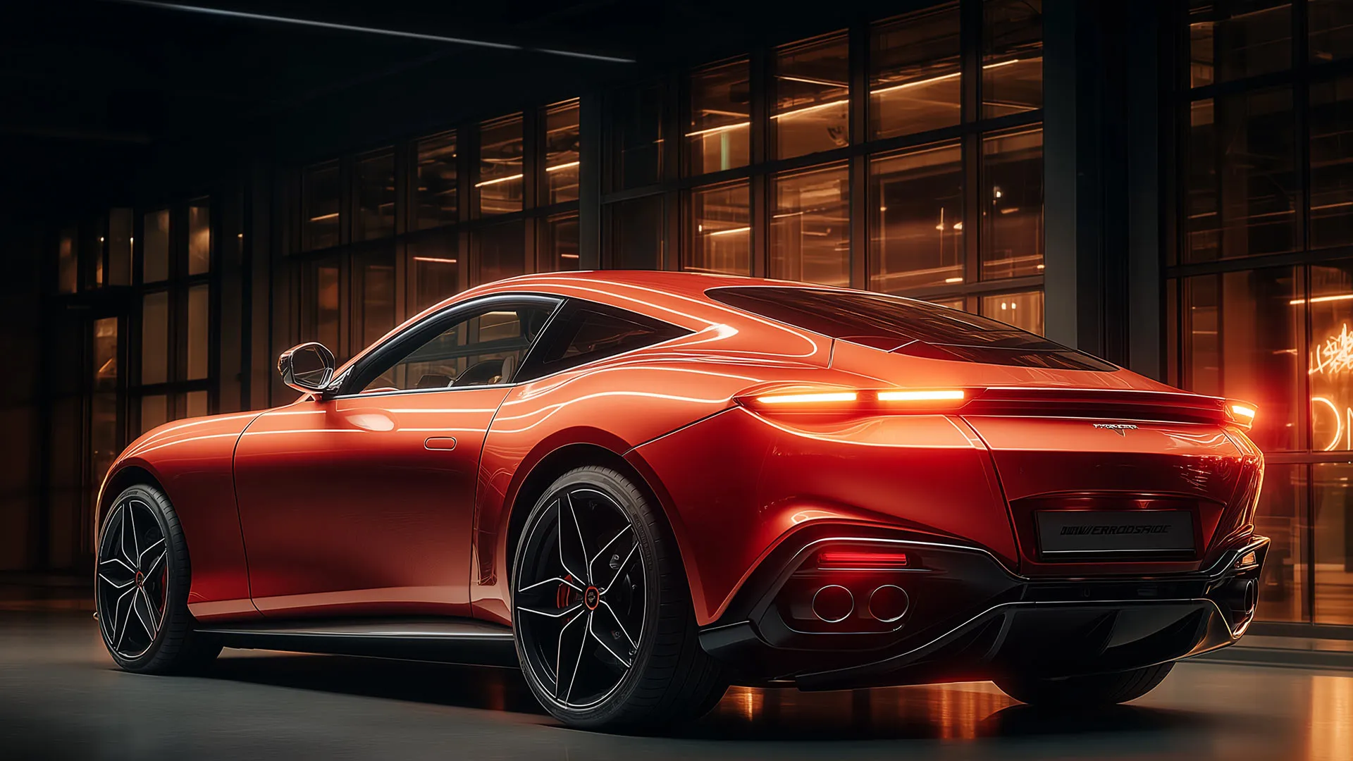 Rear three-quarter view of a sleek red luxury sports coupe parked at night in front of a modern glass building, with glowing LED taillights, black alloy wheels, and reflections on the pavement.
