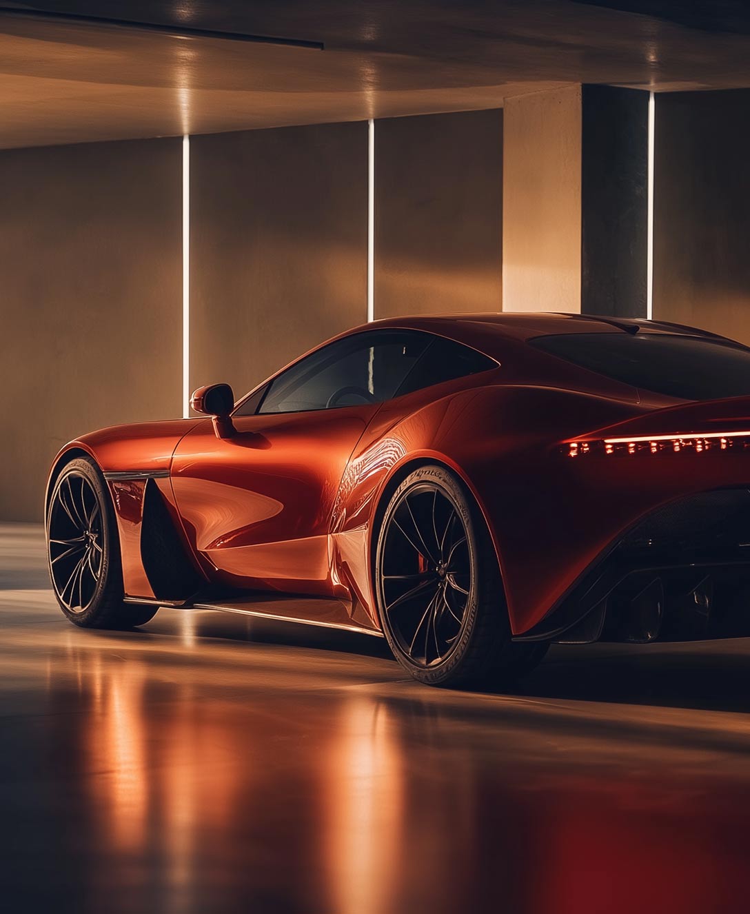 Orange modern sports car in the big garage.