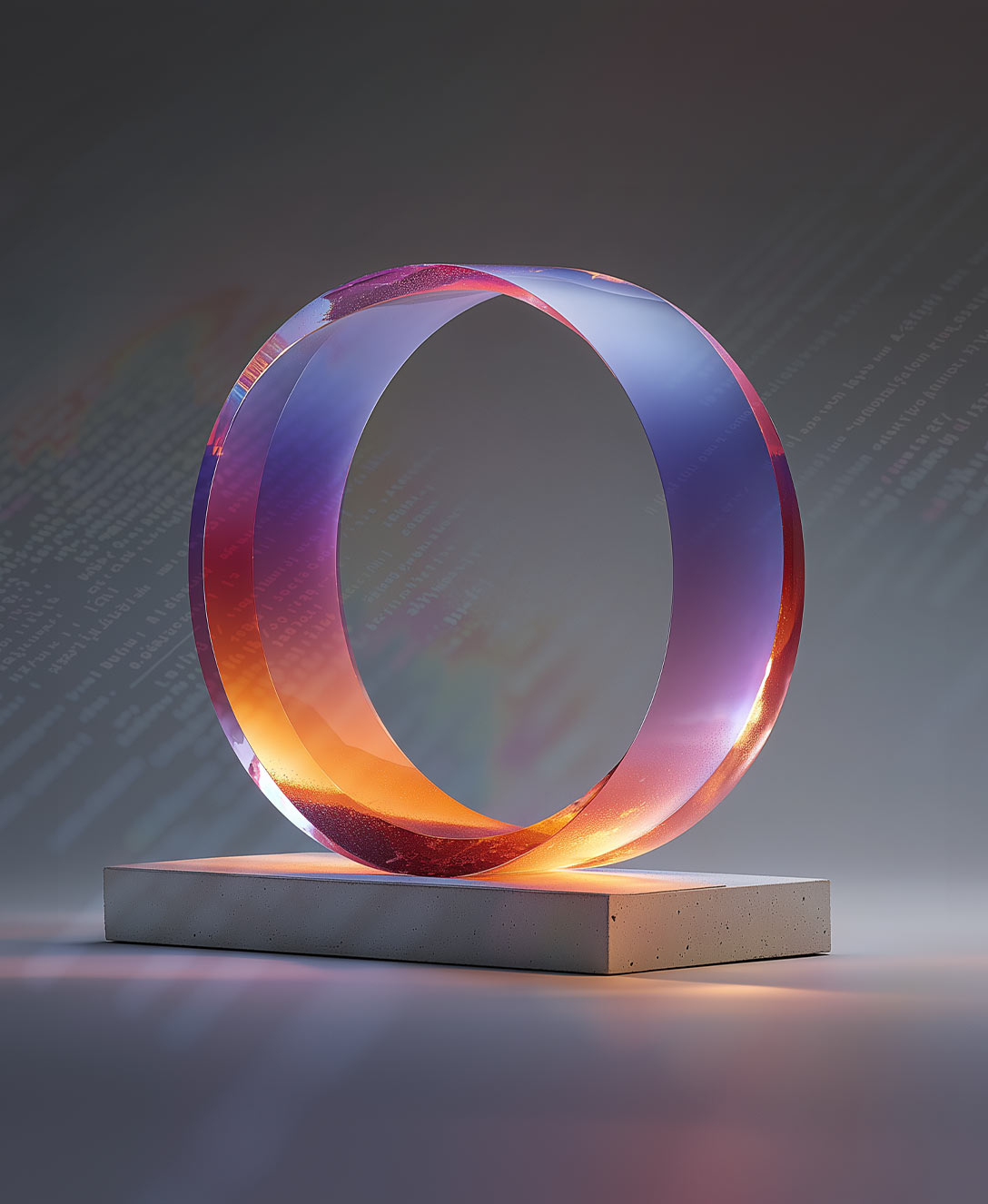 A colored ring stands on a concrete pedestal against a background of programming code.