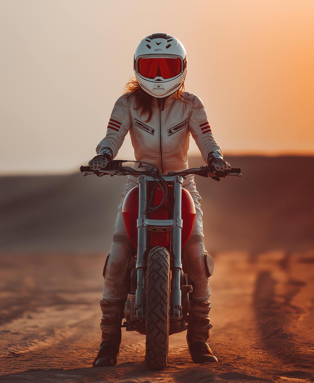Female biker standing on a sports motorcycle on a dirt road.