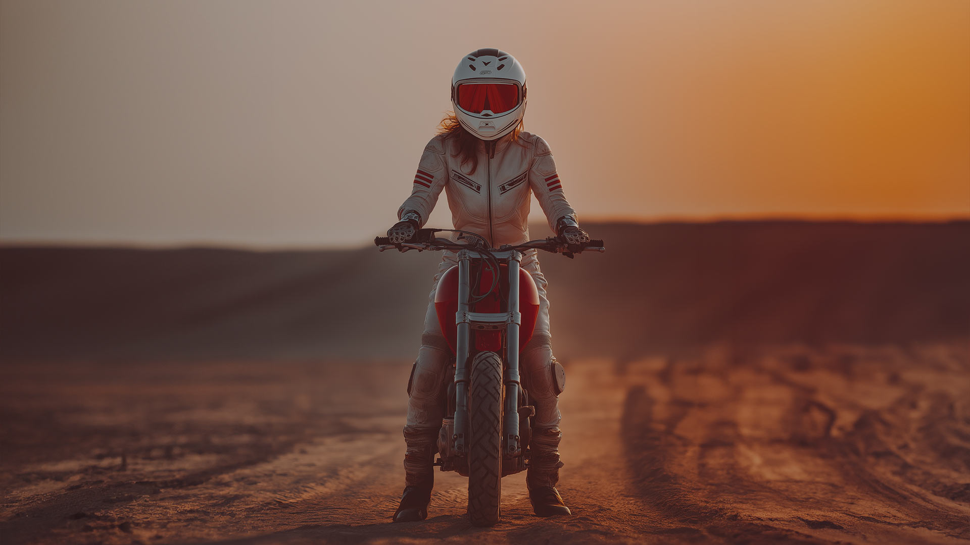 Female biker standing on a sports motorcycle on a dirt road.