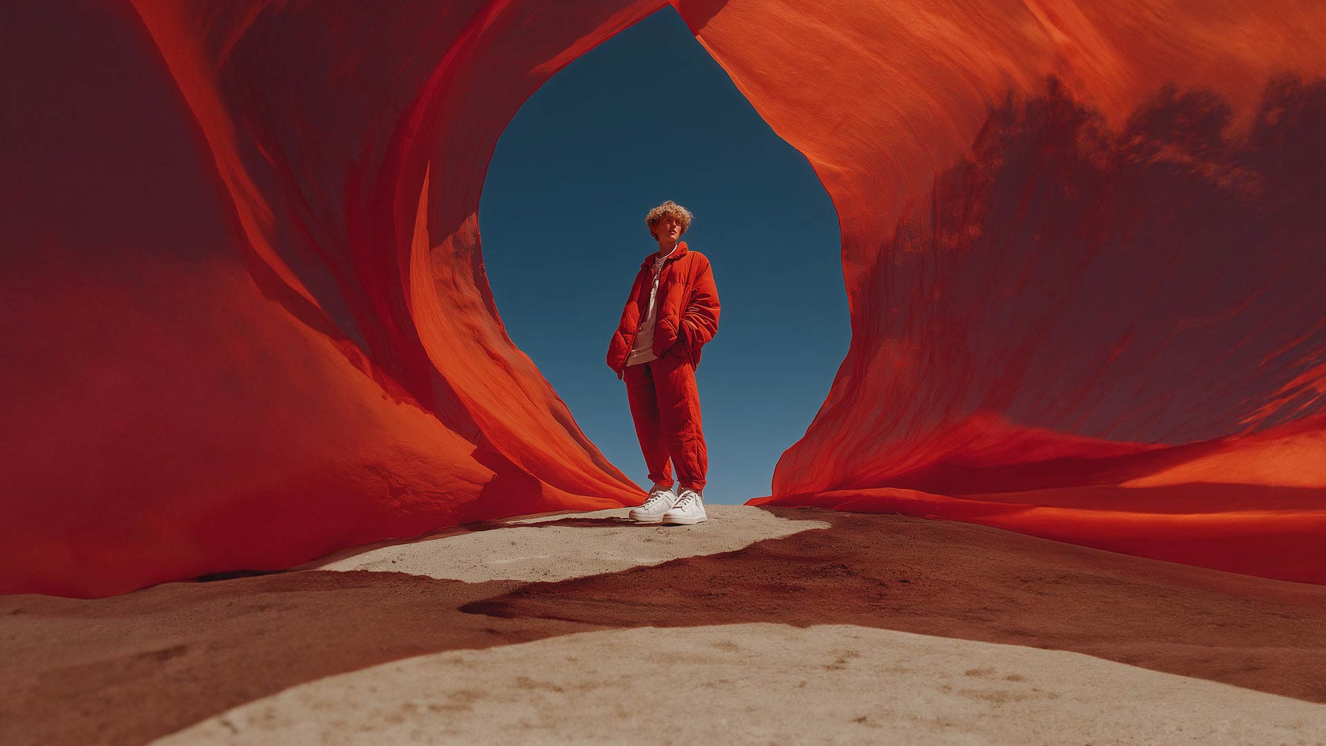 A man in a red tracksuit stands against a desert background surrounded by red fabrics