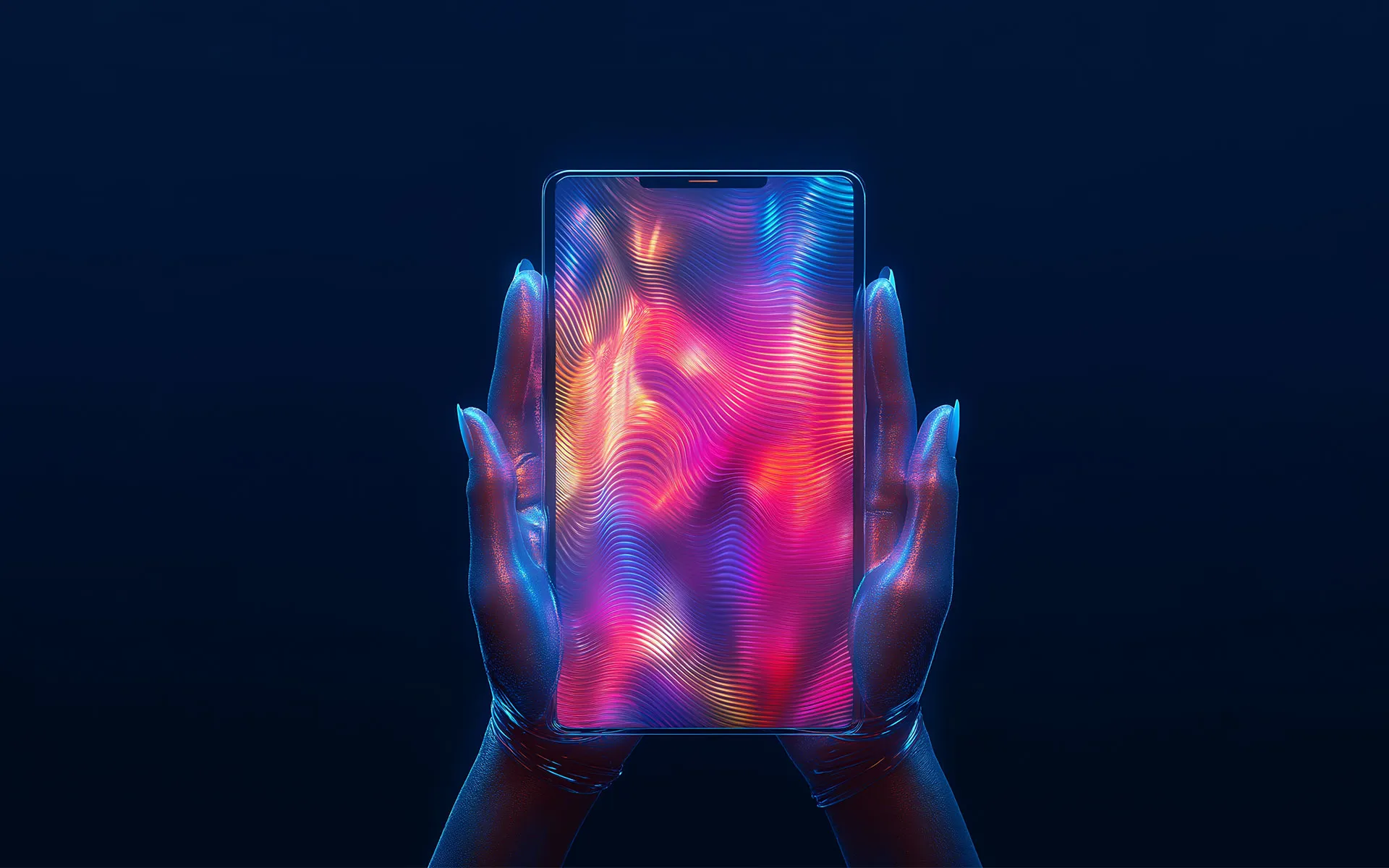 Hands holding a modern smartphone against a dark blue background, displaying a vibrant abstract neon gradient pattern in pink, purple, blue, and orange on the screen.