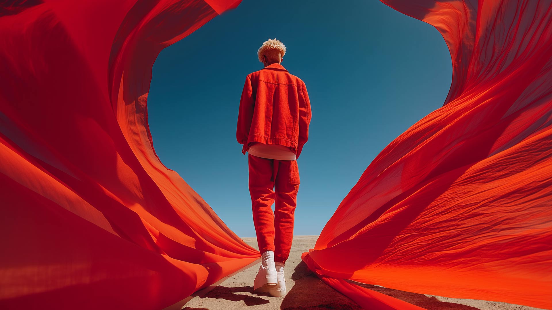 A man in a red tracksuit (rear view) stands against a desert background surrounded by red fabrics