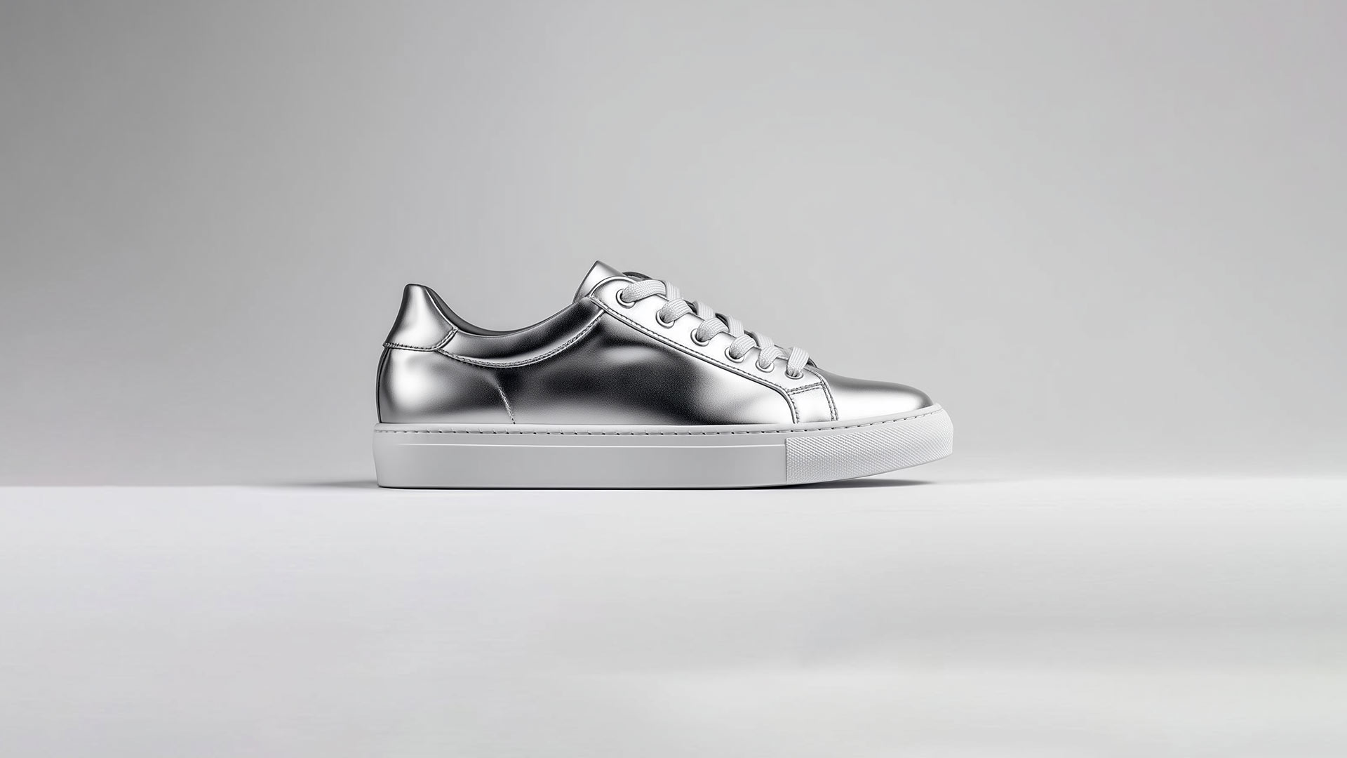 Side view of a minimalist metallic silver low-top sneaker with white laces and a white rubber sole, floating against a light gray background.