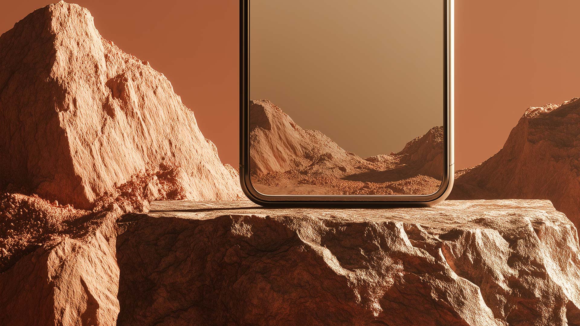 Modern smartphone standing upright on a rock in a desert landscape with warm orange tones, surrounded by rugged stone formations and a minimalist background (close-up).