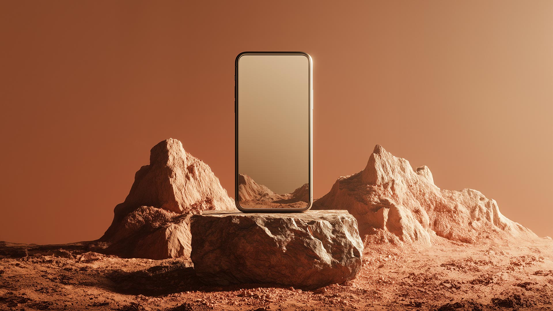 Modern smartphone standing upright on a rock in a desert landscape with warm orange tones, surrounded by rugged stone formations and a minimalist background.