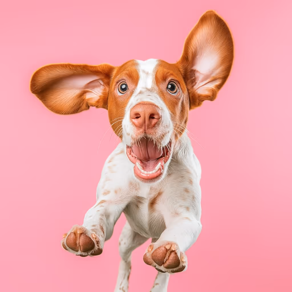 Excited puppy with large floppy ears leaping forward against a pink background.