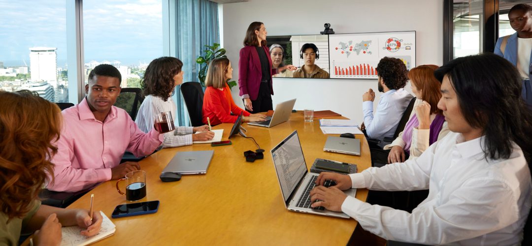 Team meeting in a conference room equipped with HP Poly video conferencing