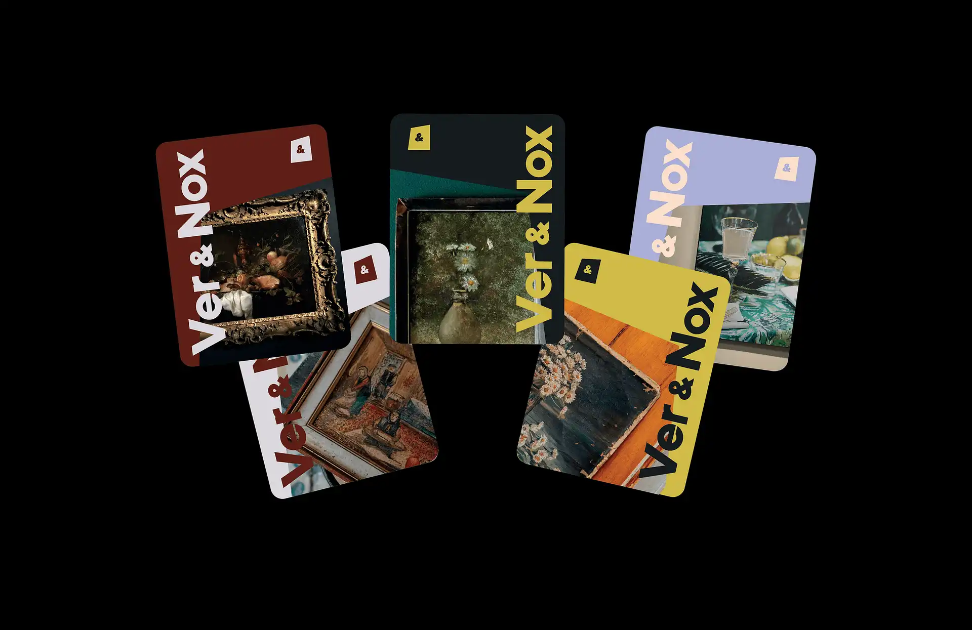 Six colorful Ver & Nox branded cards showcasing different artistic images, arranged against a black background.