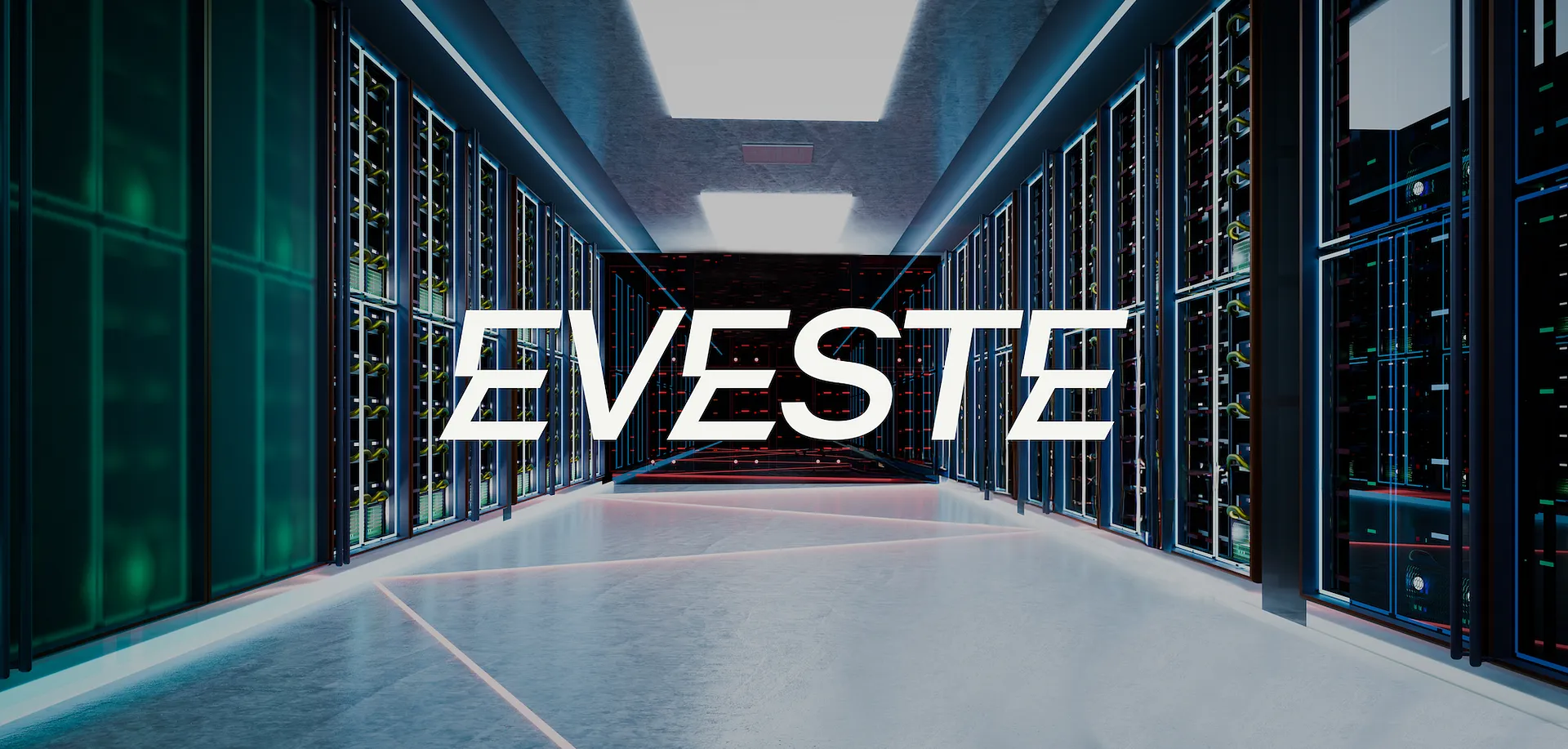 Futuristic data centre corridor with server racks on both sides and the word EVESTE in large white letters overlaid.