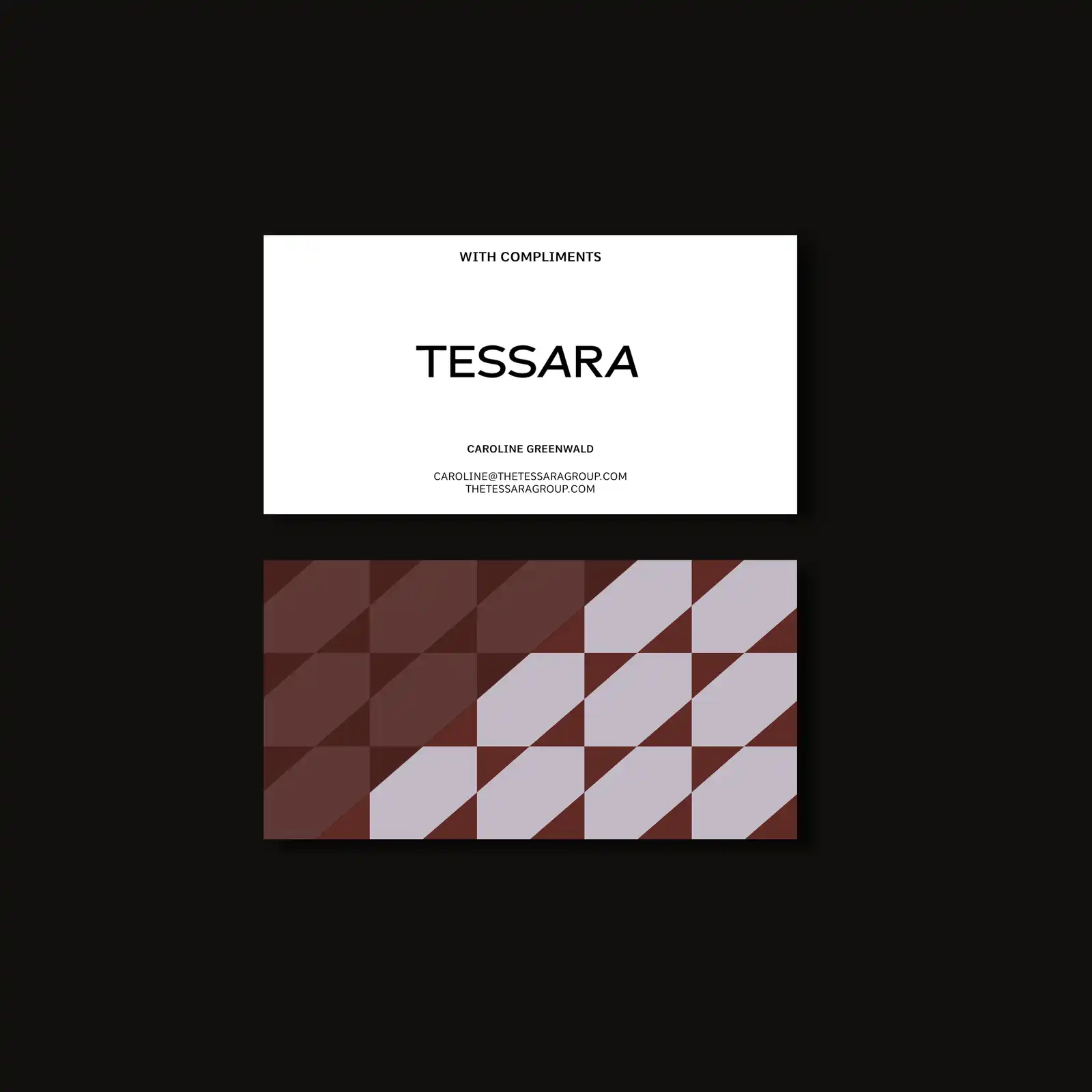 Two business cards on a dark background: the front with TESSARA branding and contact details for Caroline Greenwald; the back with a geometric pattern in shades of brown and light grey.