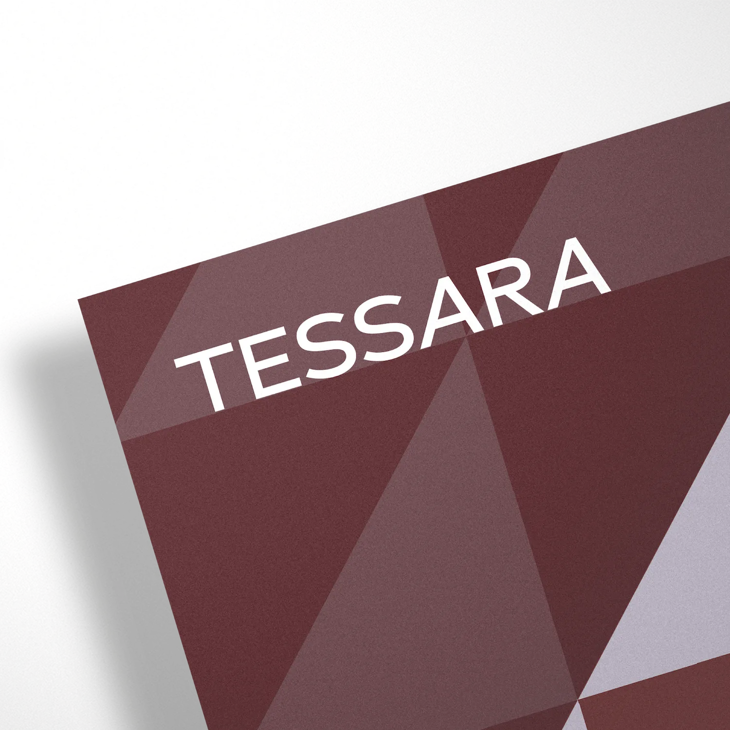 Close-up of a business card with geometric pattern in shades of maroon and the word TESSARA in white text.