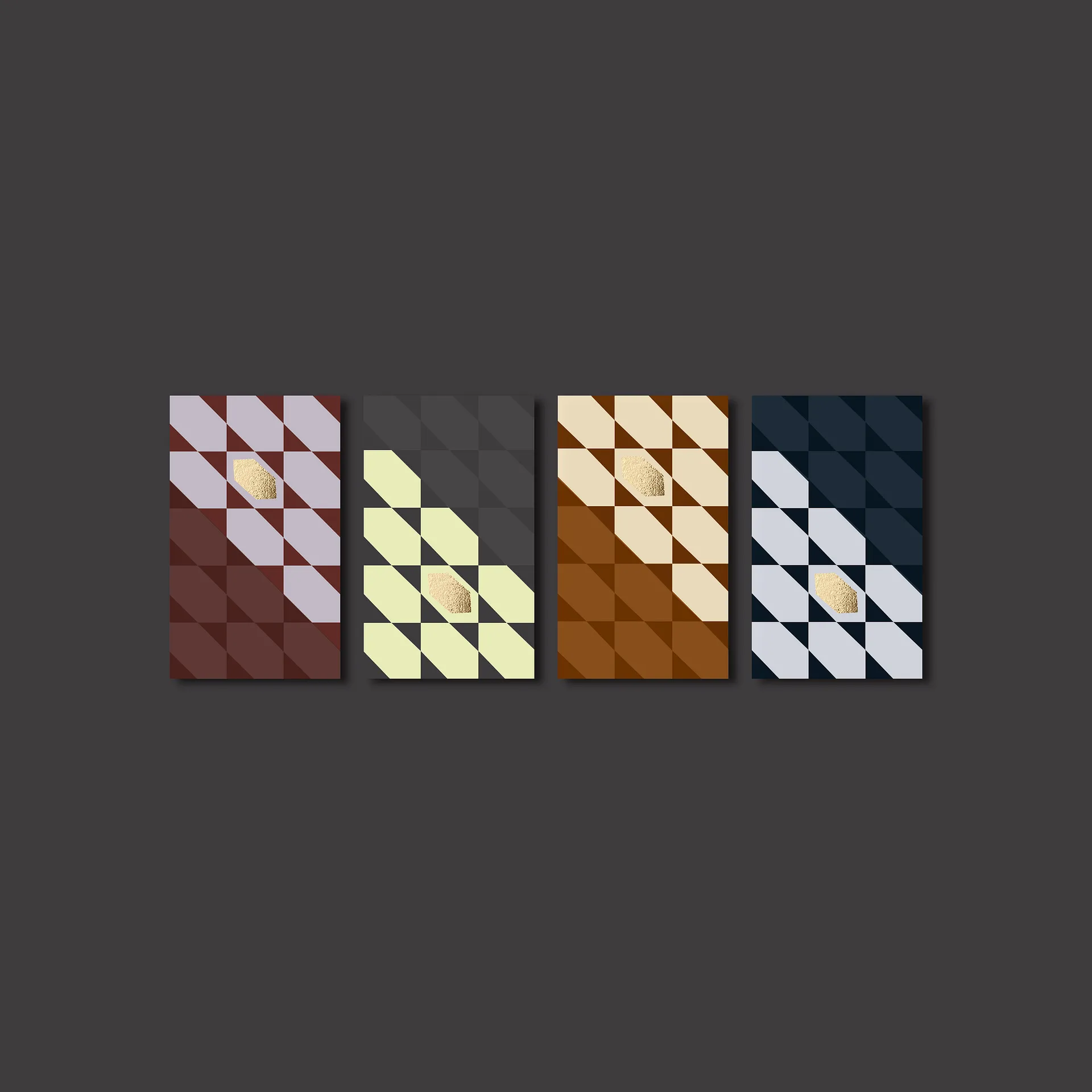 Four business cards for Tessara with geometric triangular patterns in various colour combinations including brown, black, beige, and navy, each featuring a small gold textured hexagon in the centre.