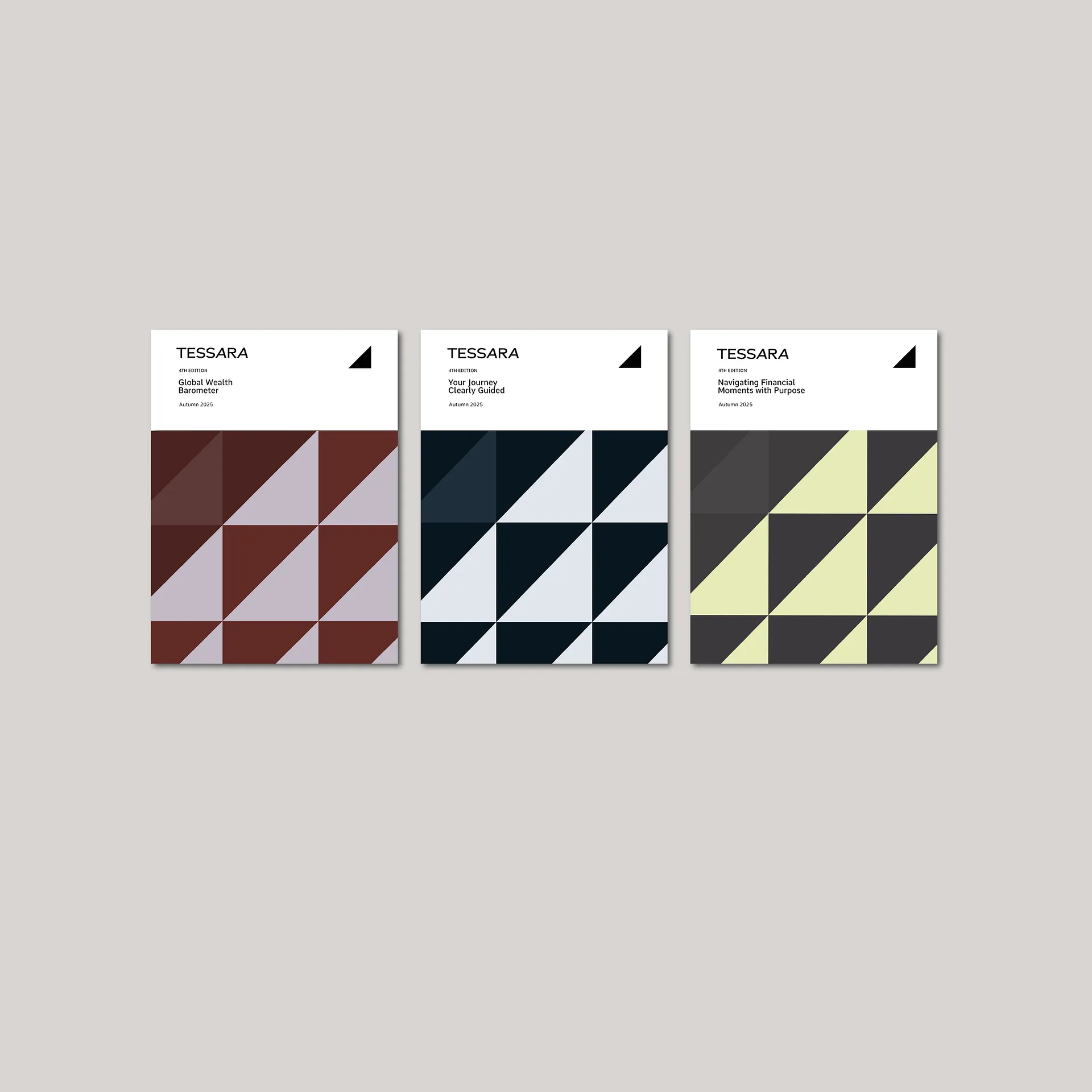 Three Tessara 4th edition brochures with geometric triangle designs in brown, blue, and yellow tones, autumn 2025 editions.