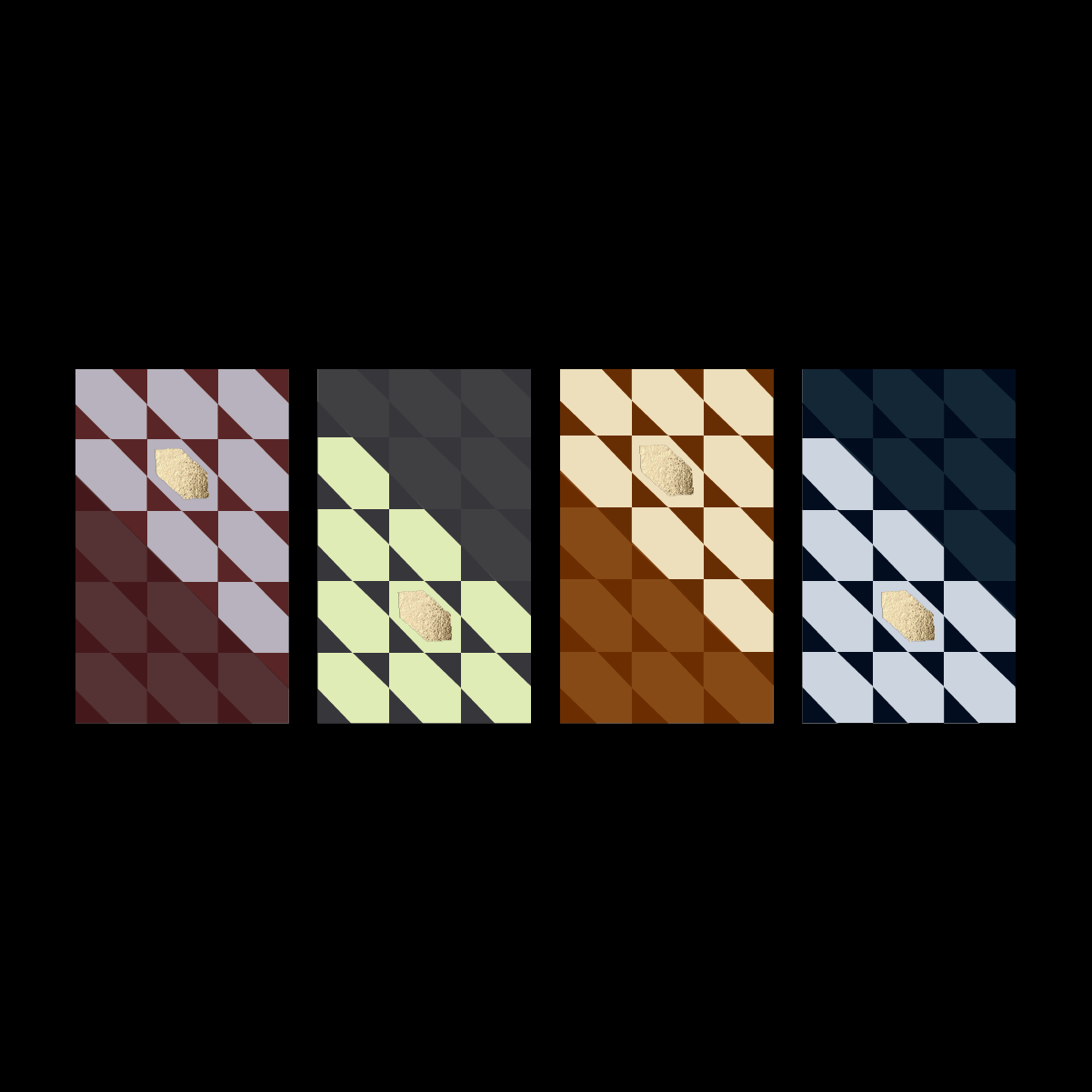 Four business cards for Tessara with geometric triangular patterns in various colour combinations including brown, black, beige, and navy, each featuring a small gold textured hexagon in the centre.