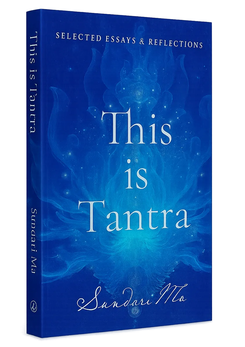 A blue book titled 'This is Tantra' by Sundari Ma, featuring an abstract glowing mandala-like design on the cover.