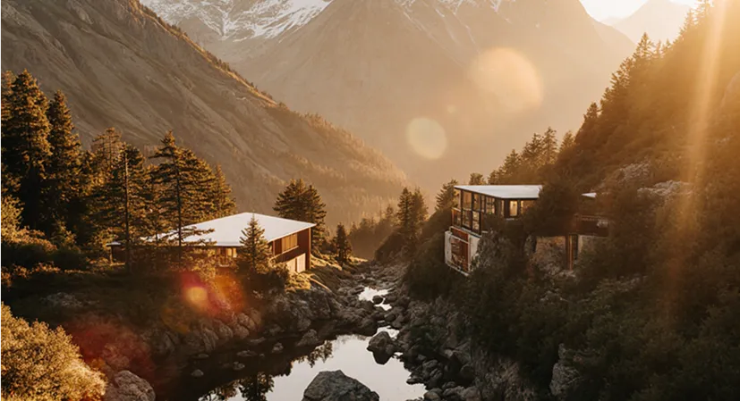 Modern houses in a mountain valley at sunset