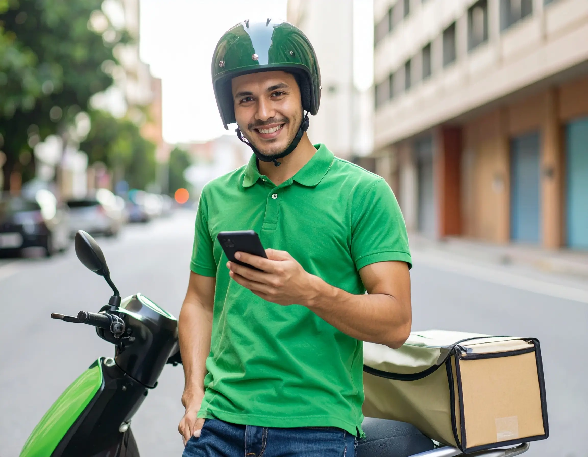 Foto de um jovem entregador ao lado de sua moto, com o celular na mão, sorrindo para a câmera