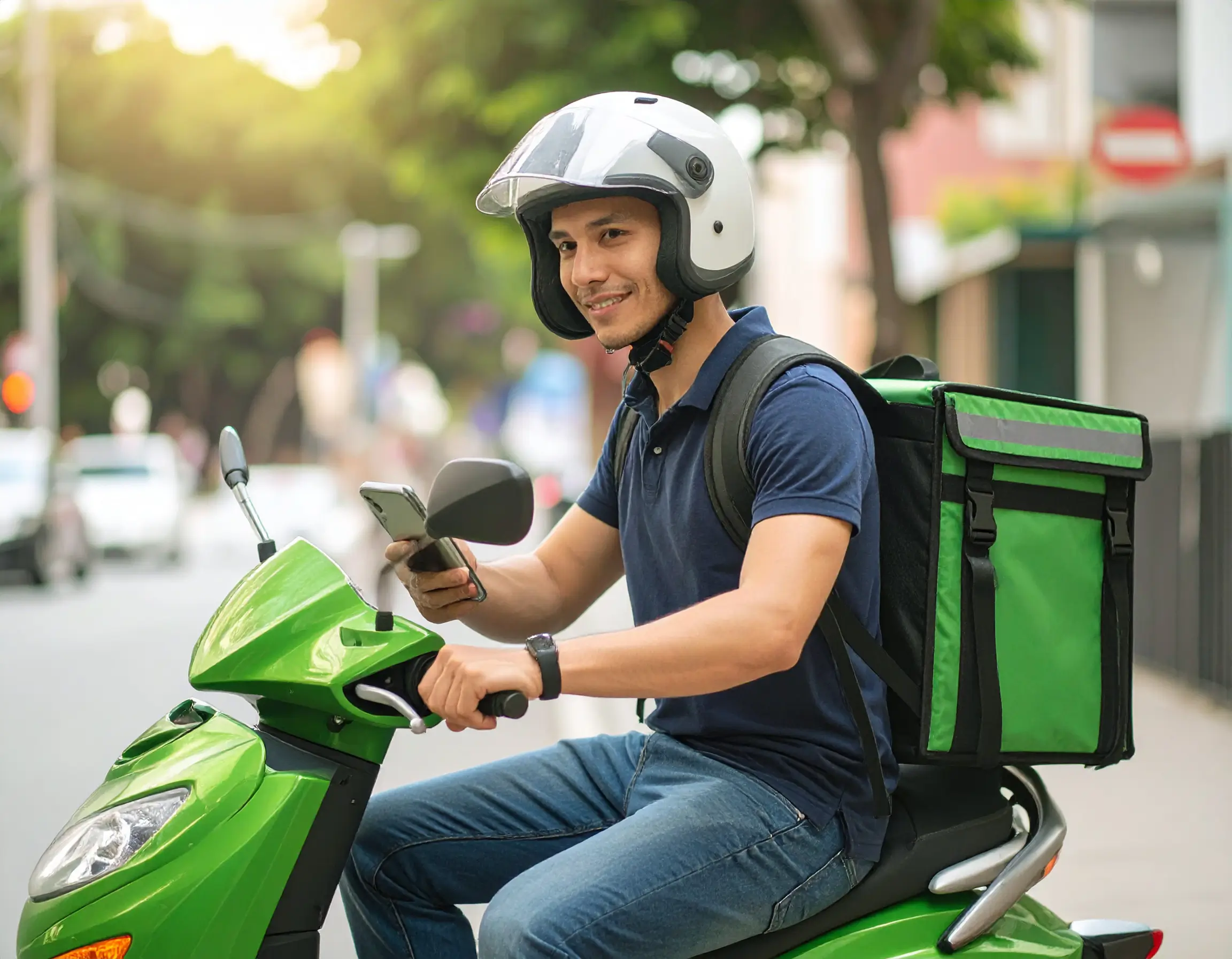 Foto de um entregador jovem, em cima de sua moto verde, com caixa de entrega nas costas e celular em mãos