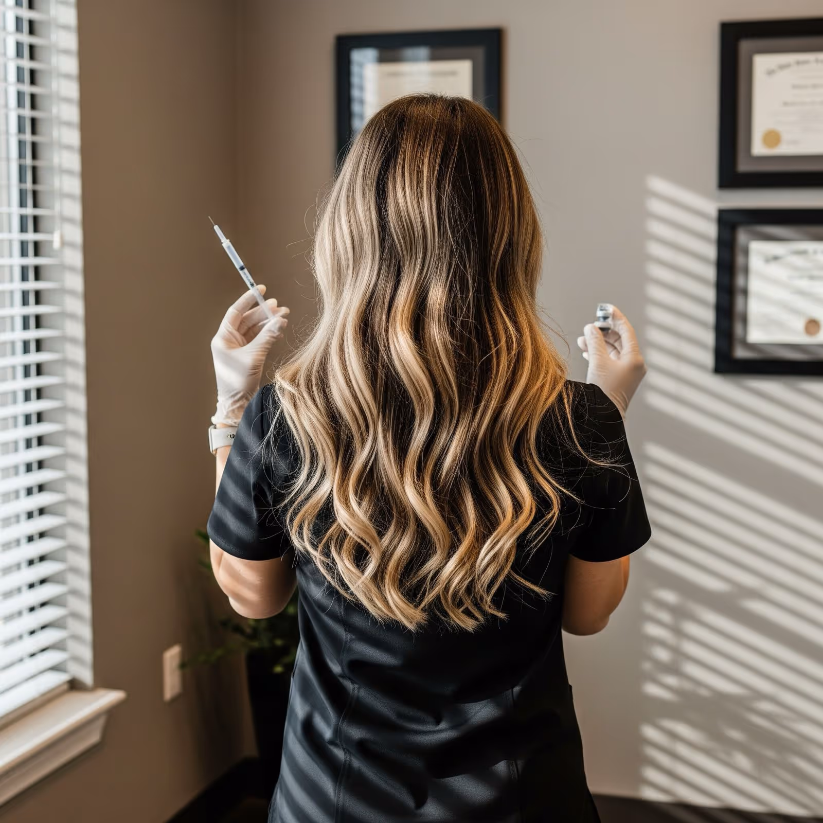 Jordan Carney prepares a syringe in a softly lit medical office, her long wavy blonde hair visible from behind