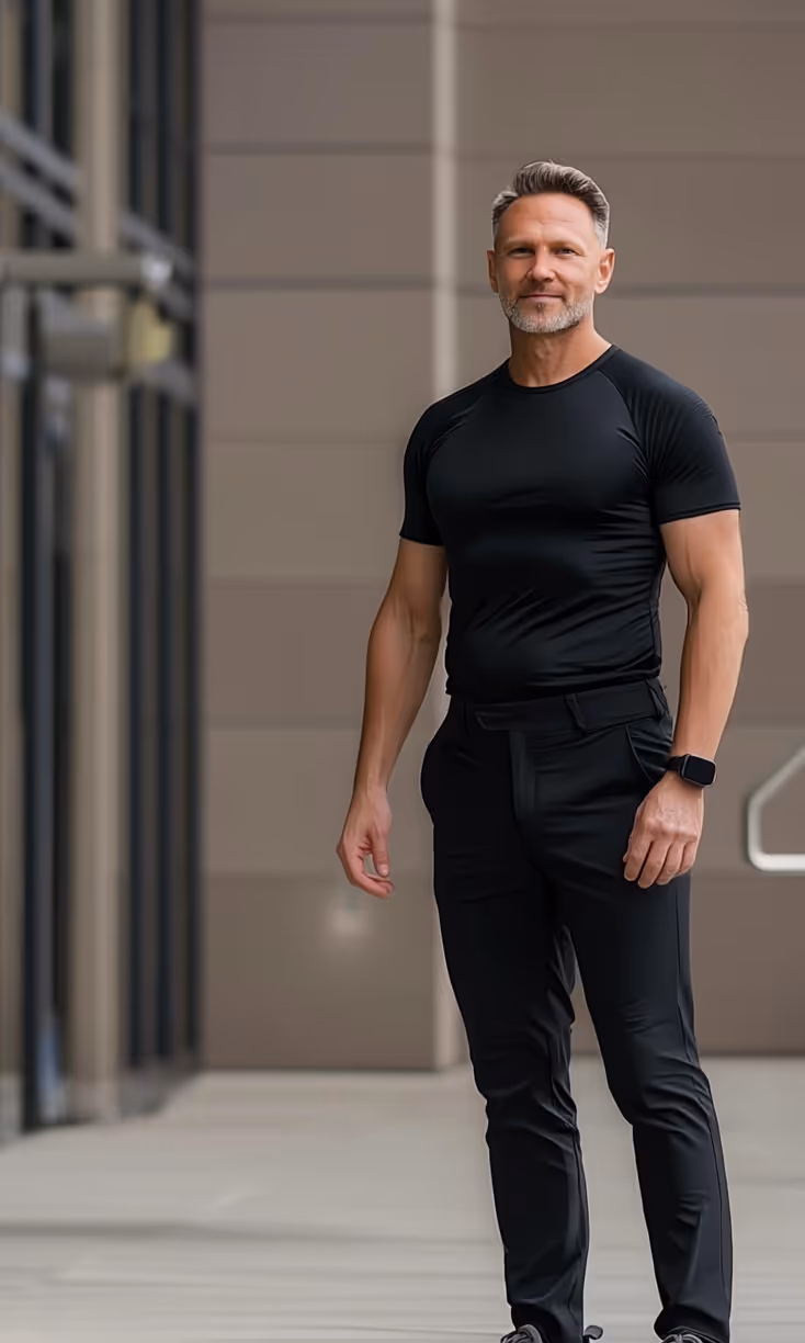 Man standing confidently in modern neutral-toned outdoor space, representing Paragon’s elite precision care philosophy