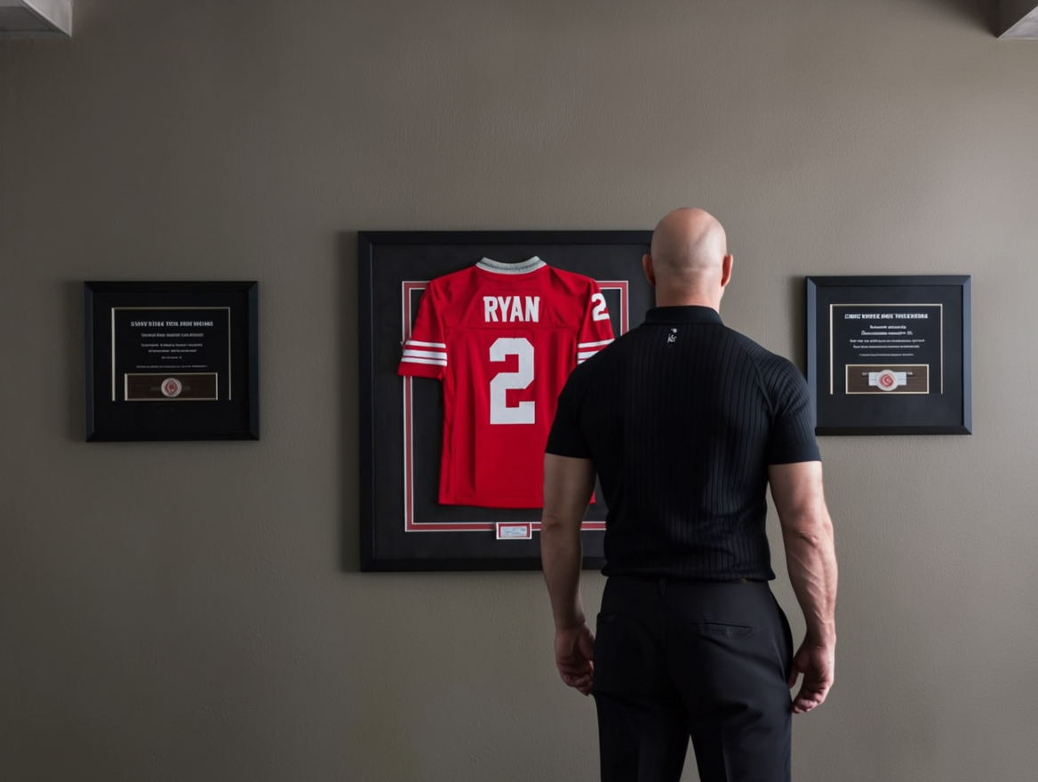 Dr. Ched Garten in black shirt facing a framed red Falcons #2 jersey and medical diplomas, symbolizing sports legacy and clinical expertise at Paragon.