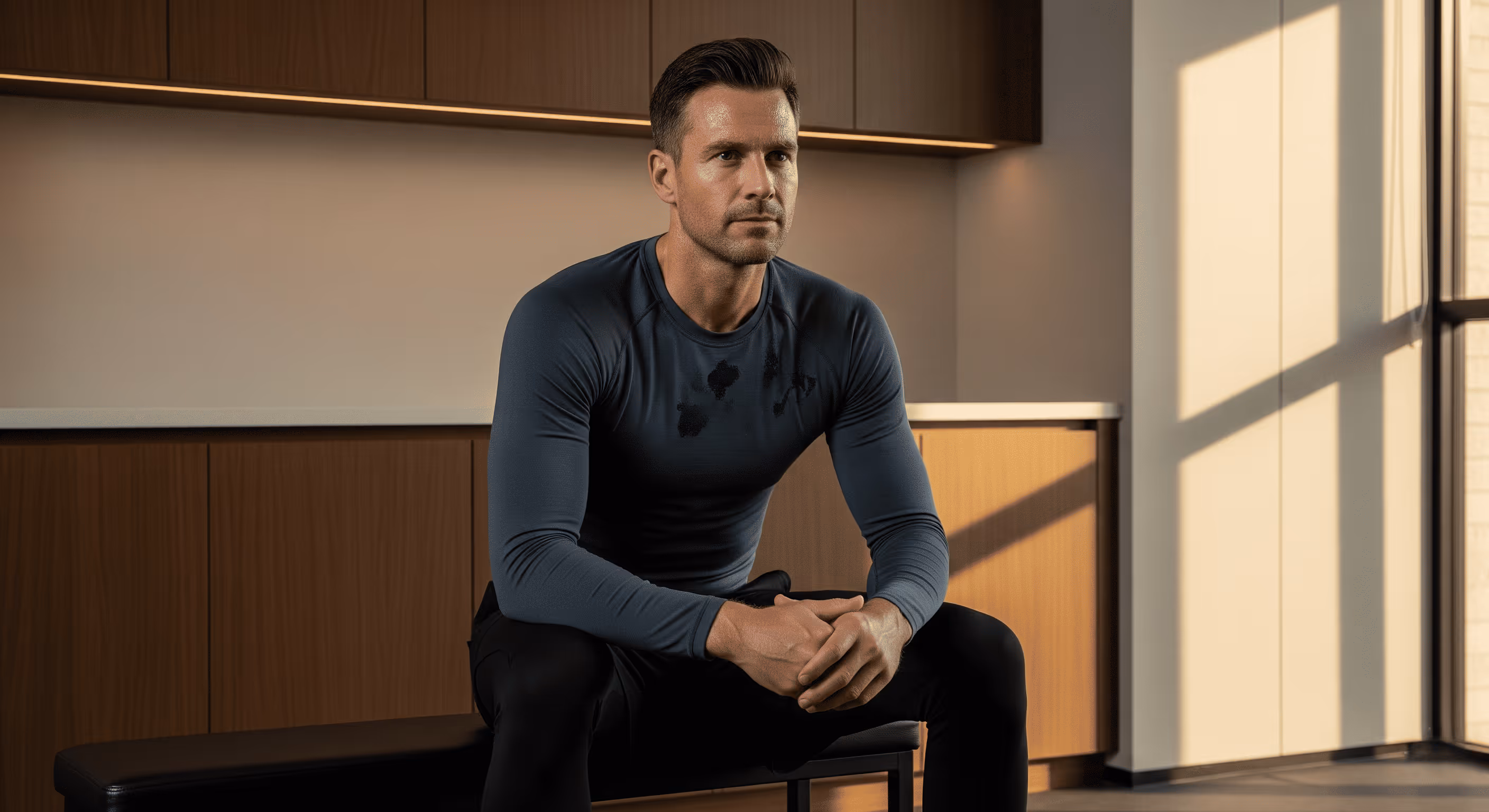 Fit man in a dark blue long-sleeve shirt and black pants sitting on a bench in a modern room with warm lighting.