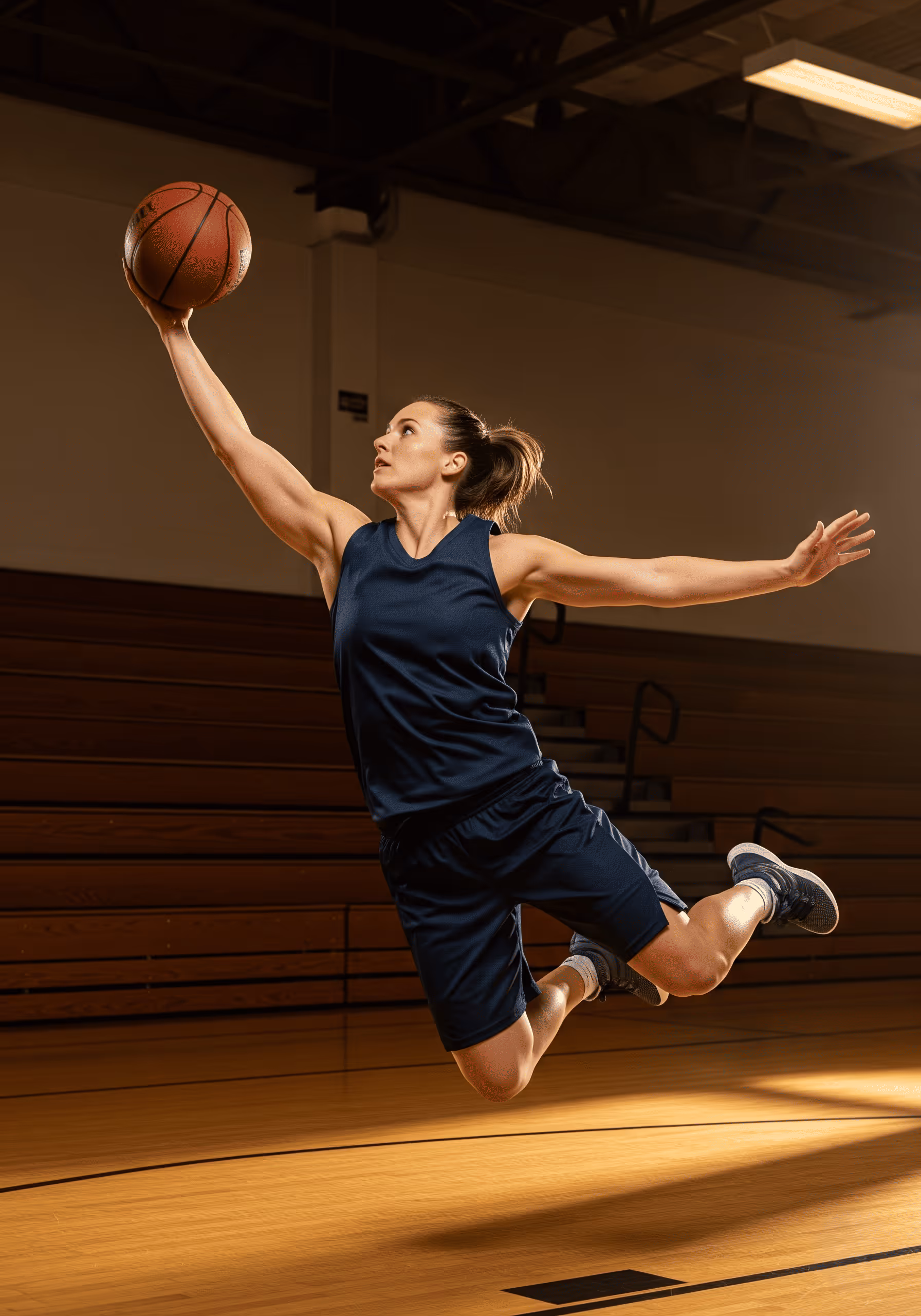 Female basketball player in navy uniform jumping and reaching up to shoot basketball inside an indoor gym.