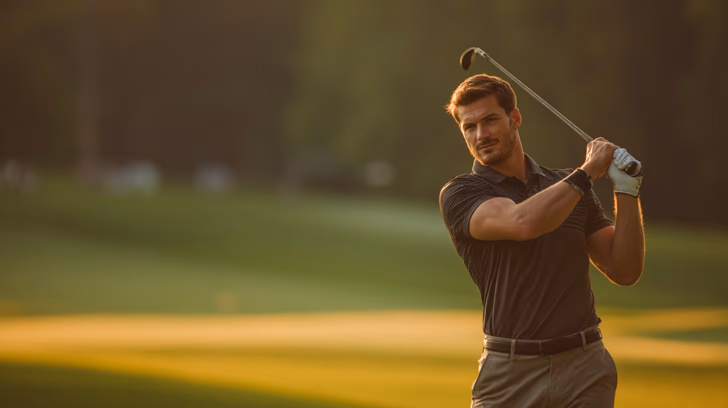 Man in a black polo shirt and beige pants swinging a golf club on a sunlit golf course.