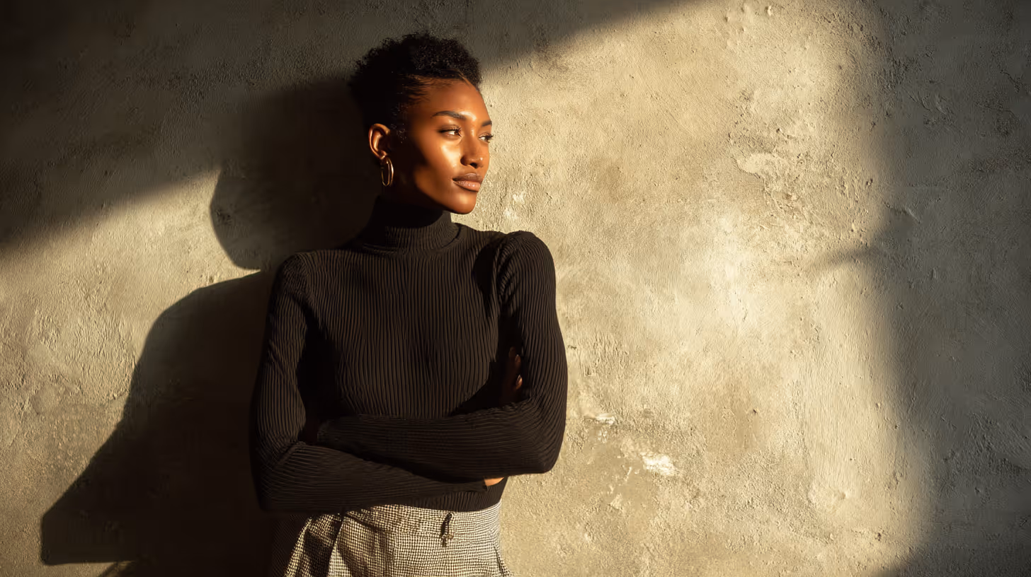 Woman with short curly hair wearing a black turtleneck and hoop earrings, standing against a textured wall with sunlight casting shadows.