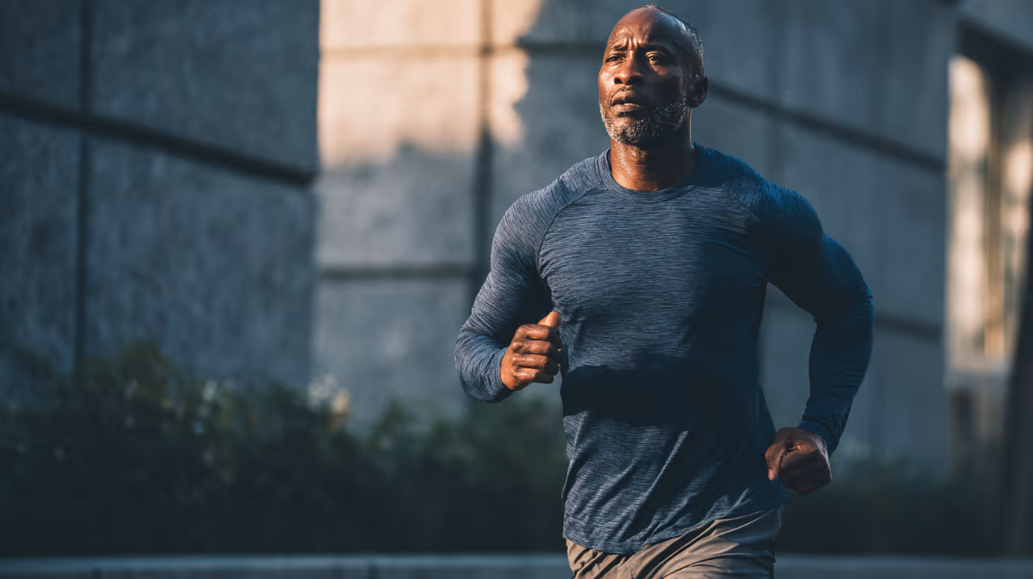 Muscular man in a blue long-sleeve shirt running outdoors near a concrete building.