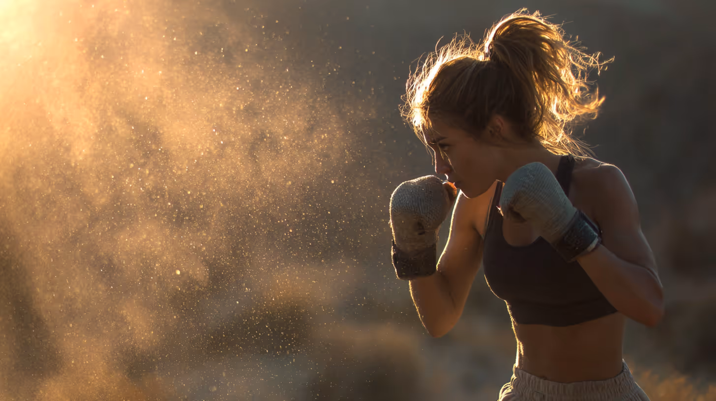 Woman with boxing gloves in fighting stance against a backdrop of golden dust particles illuminated by sunlight.