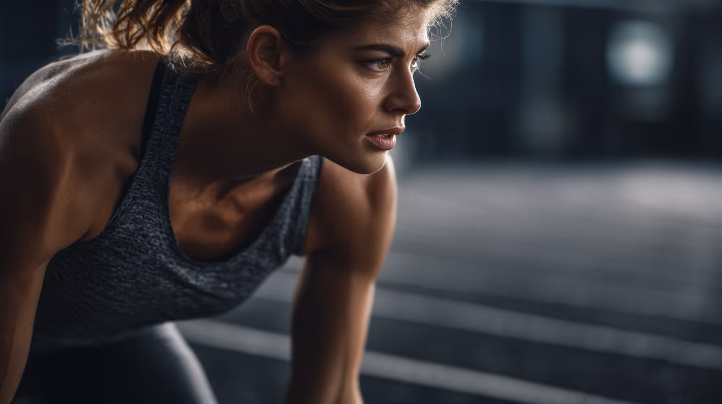 Focused woman in gray tank top preparing to start running on a track.