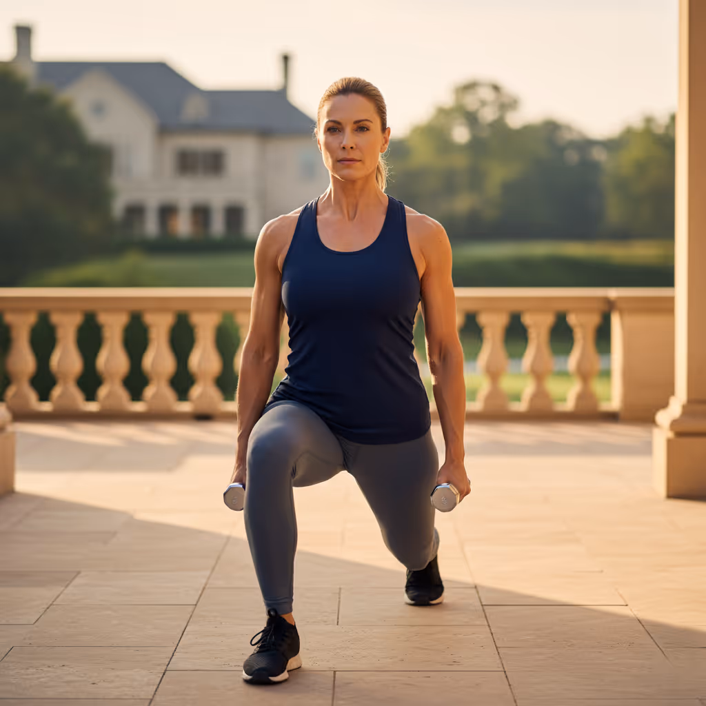 Woman in athletic wear doing lunges with dumbbells on a sunlit terrace.
