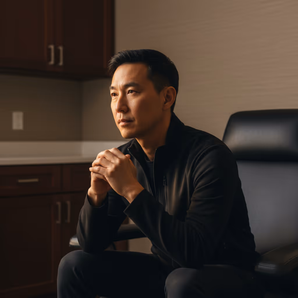Man seated indoors with a soccer ball in natural light, representing Paragon’s musculoskeletal recovery expertise and regenerative treatment focus.