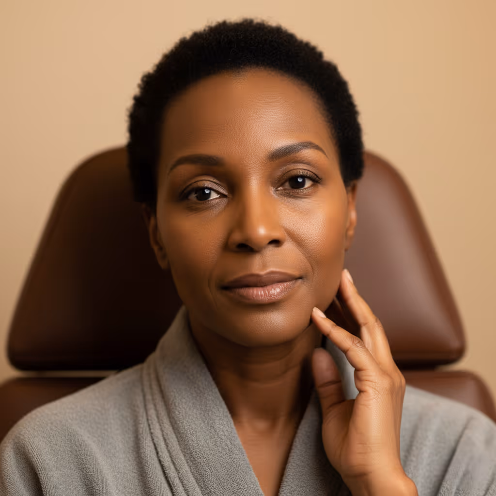 Calm woman with natural short hair resting her hand gently on her cheek, seated against a beige background.