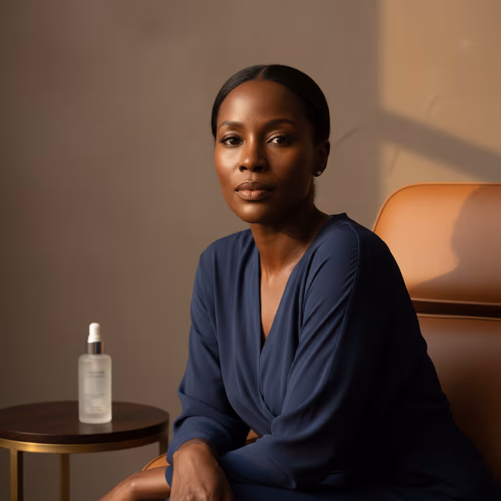 Confident woman in a navy blue dress sitting on a brown leather chair next to a small round table with a skincare serum bottle.