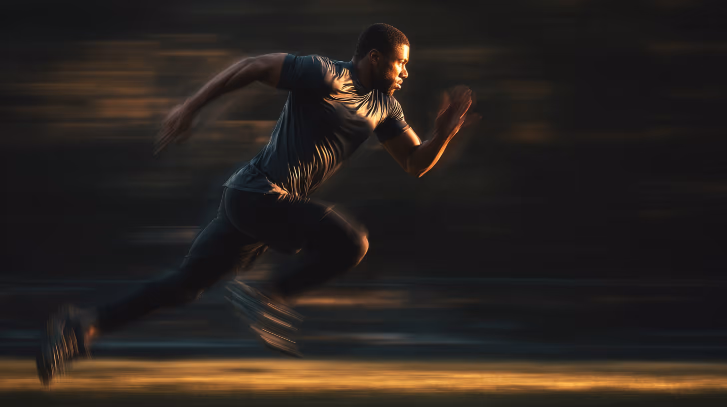 Athletic man sprinting at high speed outdoors in low light with motion blur effect.
