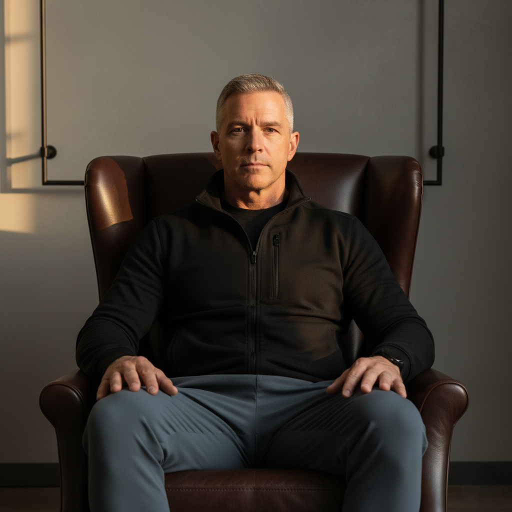 Man seated indoors with a soccer ball in natural light, representing Paragon’s musculoskeletal recovery expertise and regenerative treatment focus.