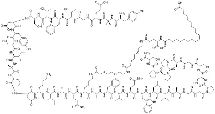 Chemical structure diagram of the drug Tirzepatide showing its complex molecular components and bonds.