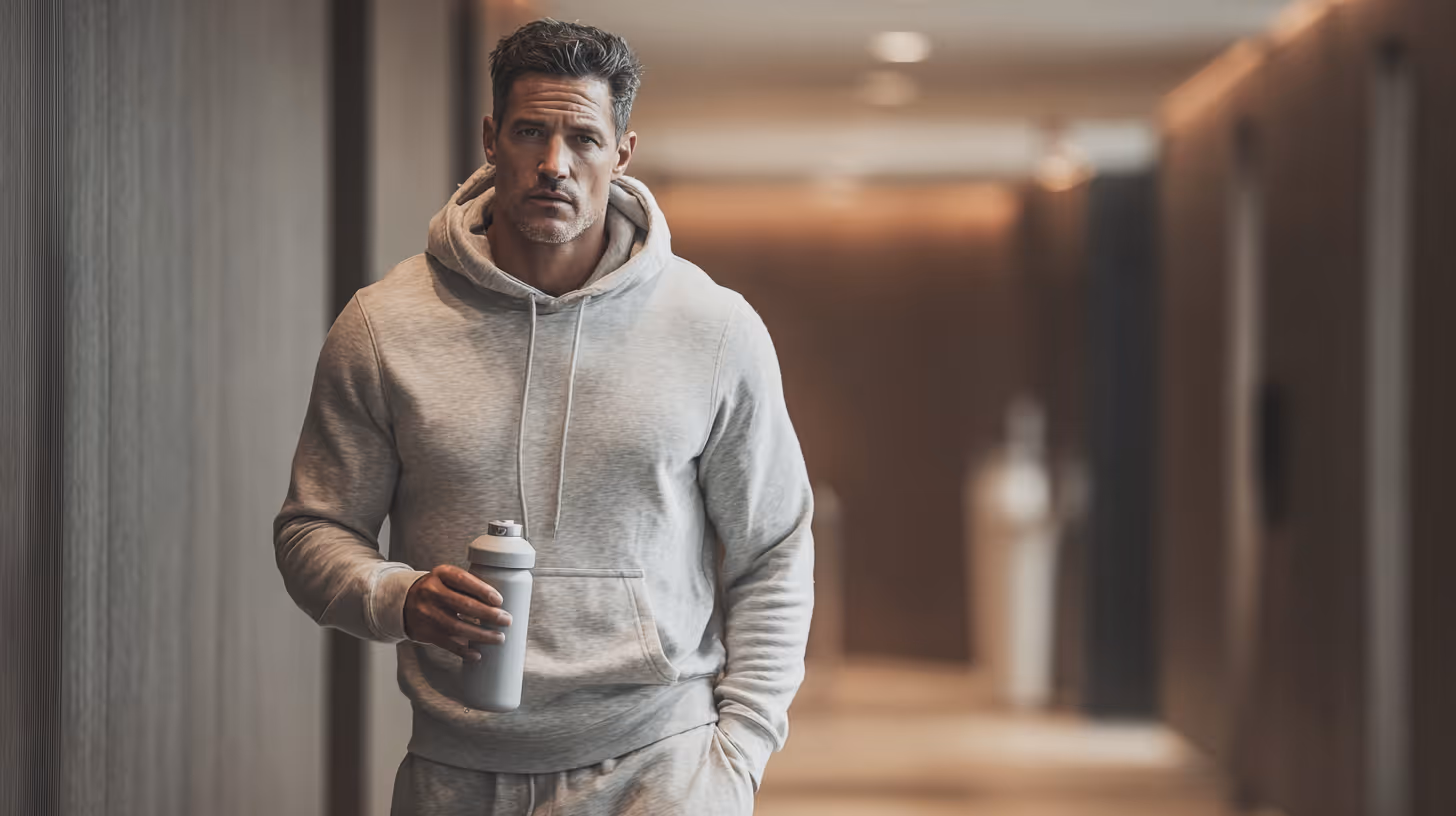 Man in gray hoodie and sweatpants holding a water bottle walking down a hallway.