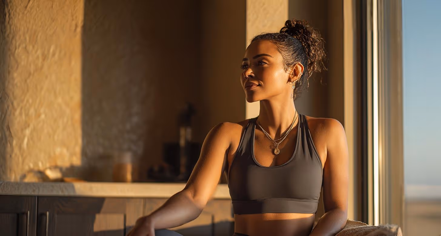 Woman in athletic wear sitting indoors with sunlight casting warm shadows on her face and arms.