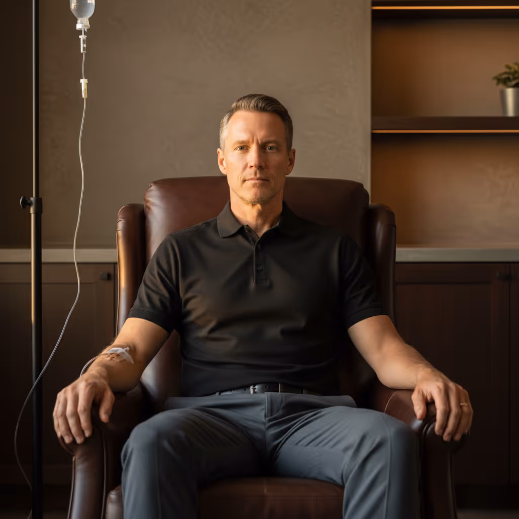 Man seated indoors with a soccer ball in natural light, representing Paragon’s musculoskeletal recovery expertise and regenerative treatment focus.